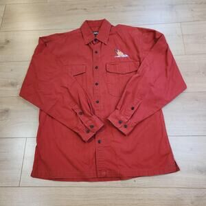 Simms Shirt Mens Medium Red Solid Long Sleeve Button Up Fish Embroidered Twill